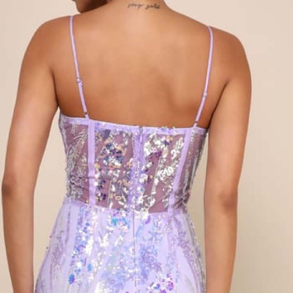 Lulu’s NWOT Perfection Seeker Lavender Iridescent Sequin Bustier Prom Maxi Dress - Picture 7 of 15